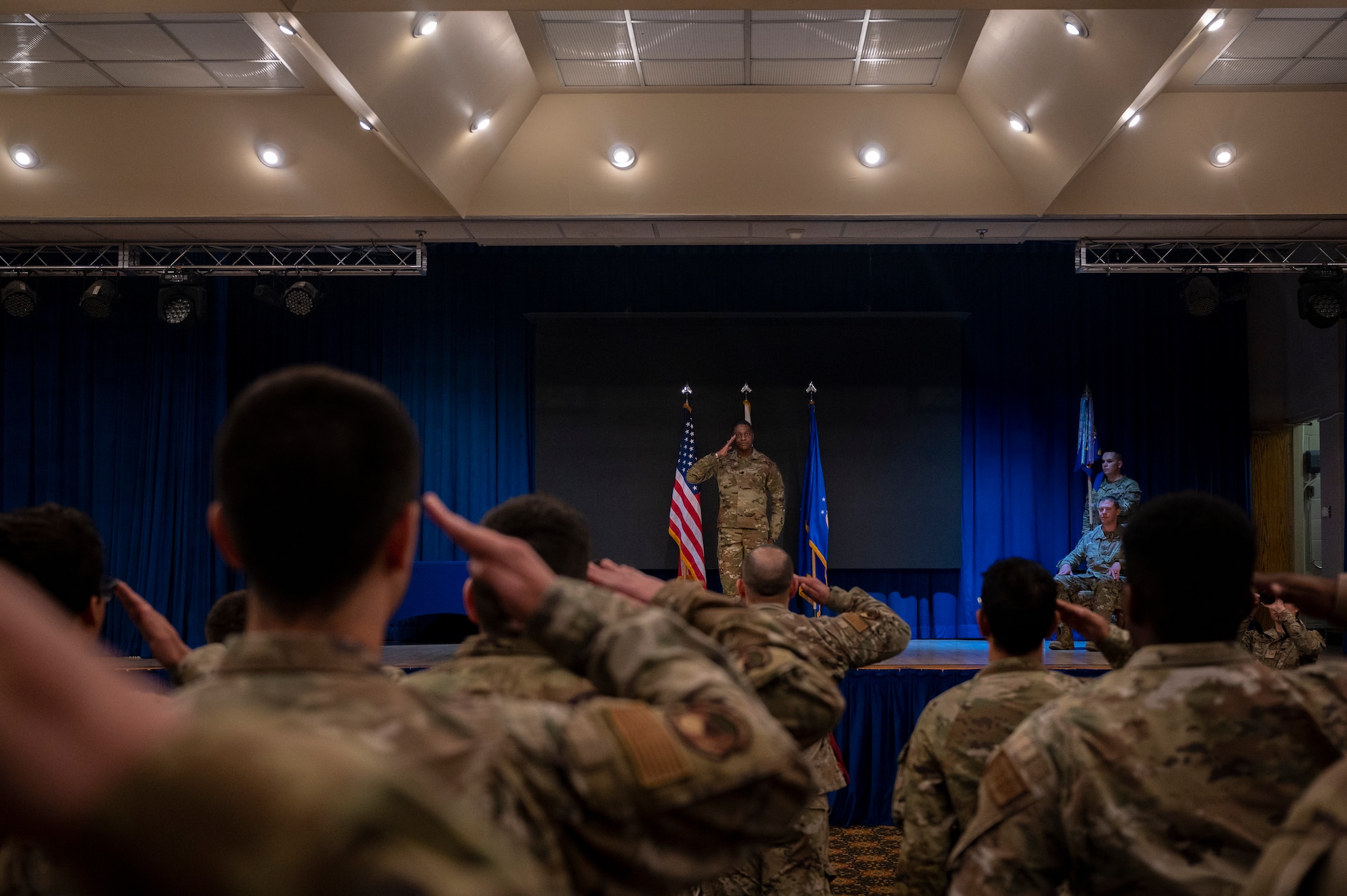 Lt. Col. Michael Newson, 51st Communications Squadron newly appointed commander receives his first salute as commander during an assumption of command ceremony at Osan Air Base, Republic of Korea,  Aug. 2, 2022.