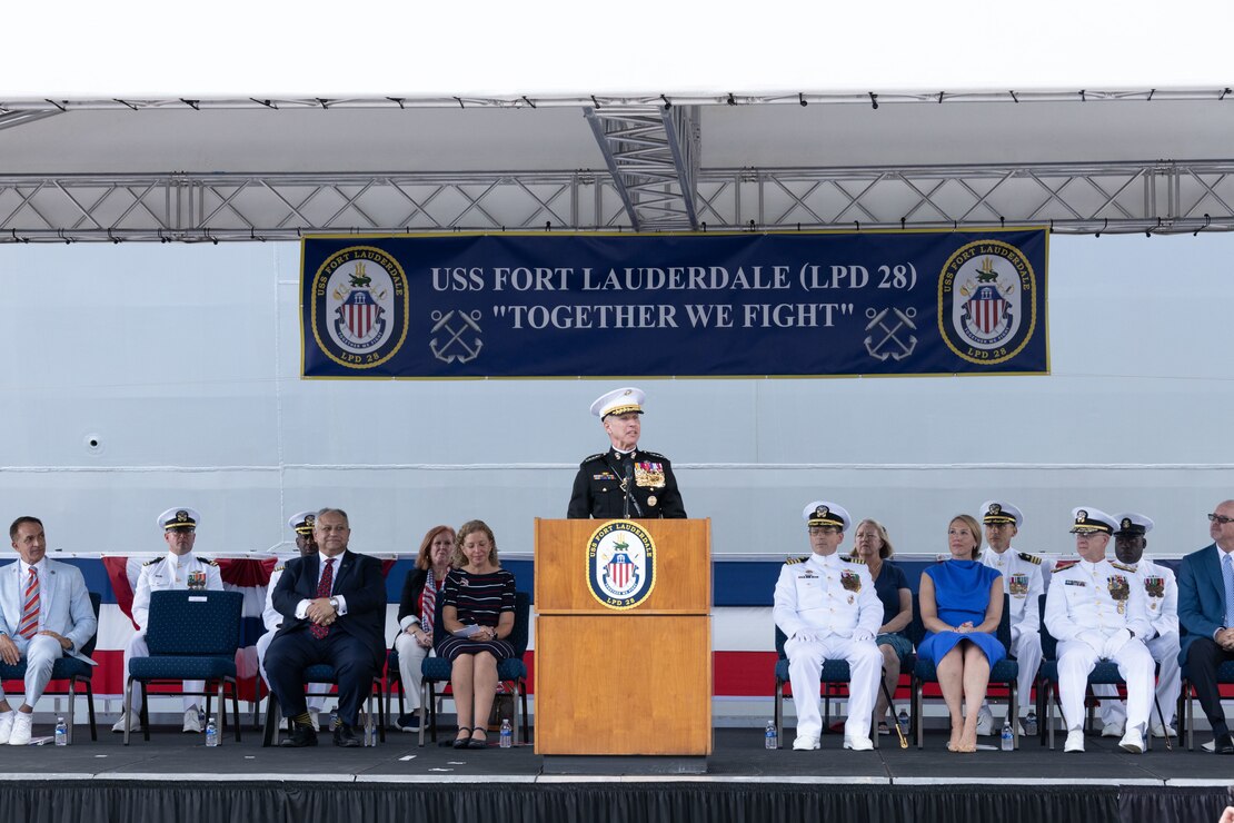 U.S. Marine Corps Gen. Eric M. Smith, the Assistant Commandant of the Marine Corps, at the USS Fort Lauderdale Commissioning, in Fort Lauderdale Fl., July 30, 2022. The ship is designed to support amphibious assault, special operations, or expeditionary warfare missions and serve as secondary aviation platforms for amphibious operations (U.S. Marine Corps photo by Cpl. Ellen Schaaf)