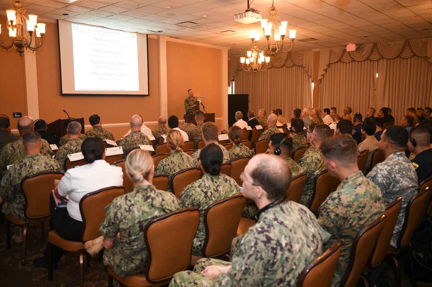 Rear Adm. Jim Aiken, Commander, U.S. Naval Forces Southern Command/U.S. 4th Fleet, provides opening remarks to participants during the start of PANAMAX 2022, at Naval Station Mayport, Fla., Aug. 2, 2022. Exercise PANAMAX 2022 is a U.S. Southern Command-sponsored exercise that provides important training opportunities for nations to work together and build upon the capability to plan and conduct complex multinational operations. The exercise scenario involves security and stability operations to ensure free flow of commerce through the Panama Canal