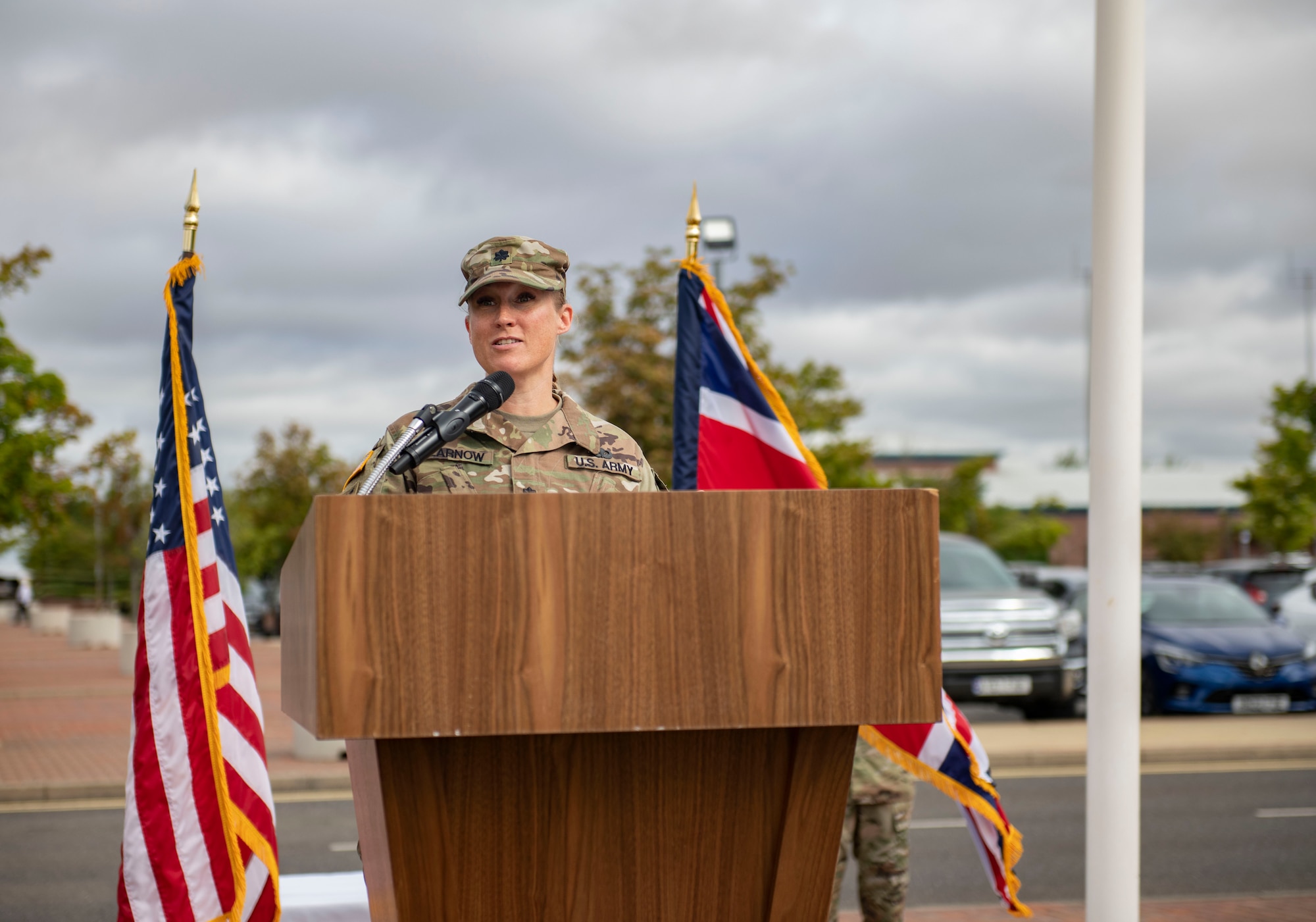 U.S. Army Lt. Col. T.J. Fearnow, Joint Intelligence Command (JICAF) U.S. Africa Command incoming commander, makes remarks following her assumption of command at RAF Molesworth, England, July 20, 2022. This was part of the ceremony for the deactivation of USAFRICOM J2 Molesworth, and the activation of the JICAF. (U.S. Air Force photo by Senior Airman Jason W. Cochran)