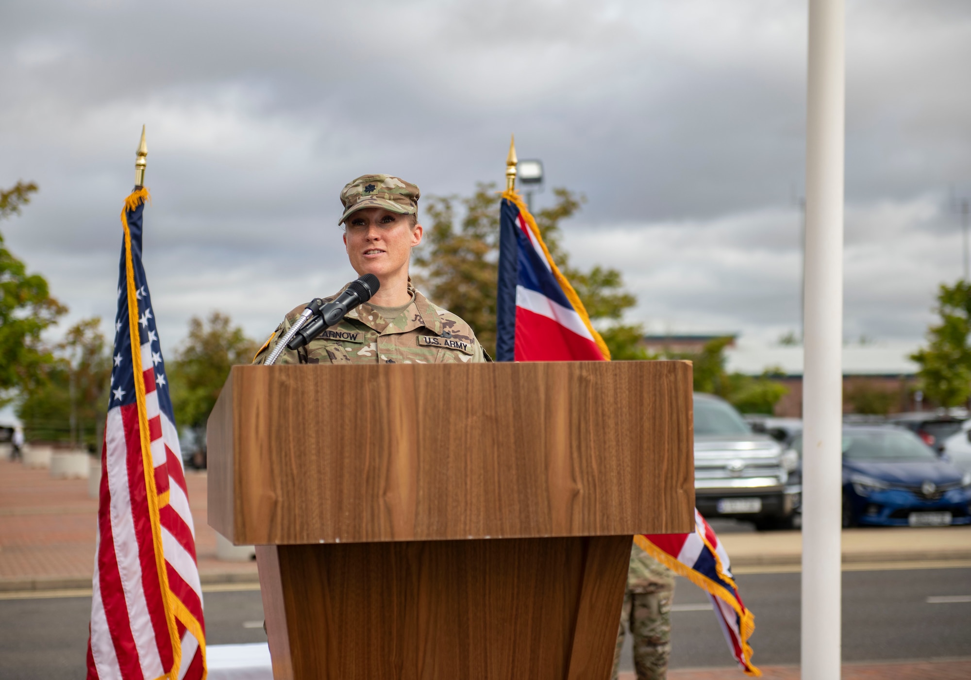 U.S. Army Lt. Col. T.J. Fearnow, Joint Intelligence Command (JICAF) U.S. Africa Command incoming commander, makes remarks following her assumption of command at RAF Molesworth, England, July 20, 2022. This was part of the ceremony for the deactivation of USAFRICOM J2 Molesworth, and the activation of the JICAF. (U.S. Air Force photo by Senior Airman Jason W. Cochran)