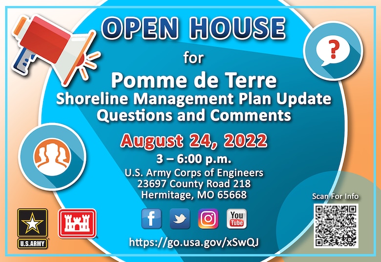 The U.S. Army Corps of Engineers will host an Open House to share information and receive public comments on Aug. 24. The Open House will be Wednesday, Aug. 24 from 3 – 6 p.m.
at the USACE office located at 23697 County Road 218, Hermitage, Missouri 65668.