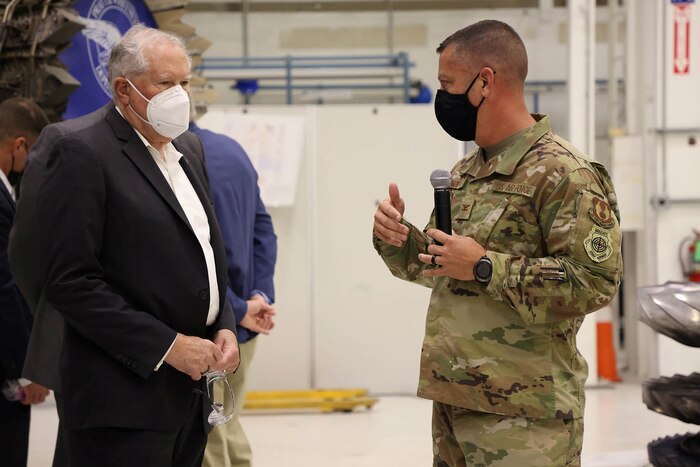 Col. Timothy Beck speaks to Secretary of the Air Force Frank Kendall