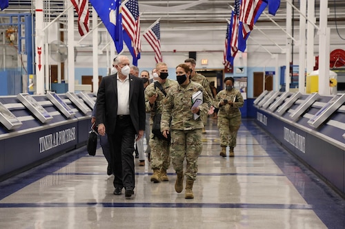 Honorable Frank Kendall, Secretary of the Air Force, walks with Oklahoma Air Logistics Complex Vice Commander, Col. Abigail Ruscetta