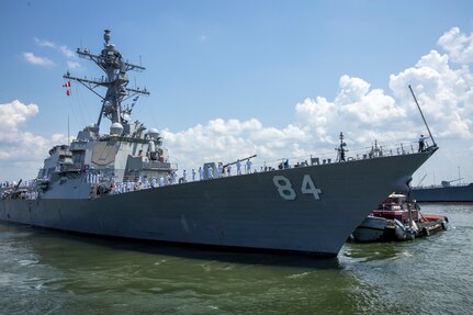 The Arleigh Burke-class guided-missile destroyer USS Bulkeley (DDG 84) departs Naval Station Norfolk August 4, 2022, commencing the ship’s scheduled homeport shift to Rota, Spain, as part of the U.S. Navy’s long-range plan to gradually rotate the Rota-based destroyers