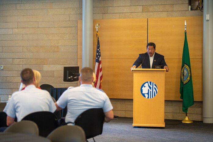 Seattle Mayor Bruce Harrell gives a speech during a reception at City Hall during Fleet Week, Aug. 3, 2022. Fleet Week Seattle is a time-honored celebration of the sea services and provides an opportunity for the citizens of Washington to meet Sailors, Marines and Coast Guardsmen, as well as witness firsthand the latest capabilities of today's maritime services. (U.S. Navy photo by Mass Communication Specialist 2nd Class Victoria Galbraith)