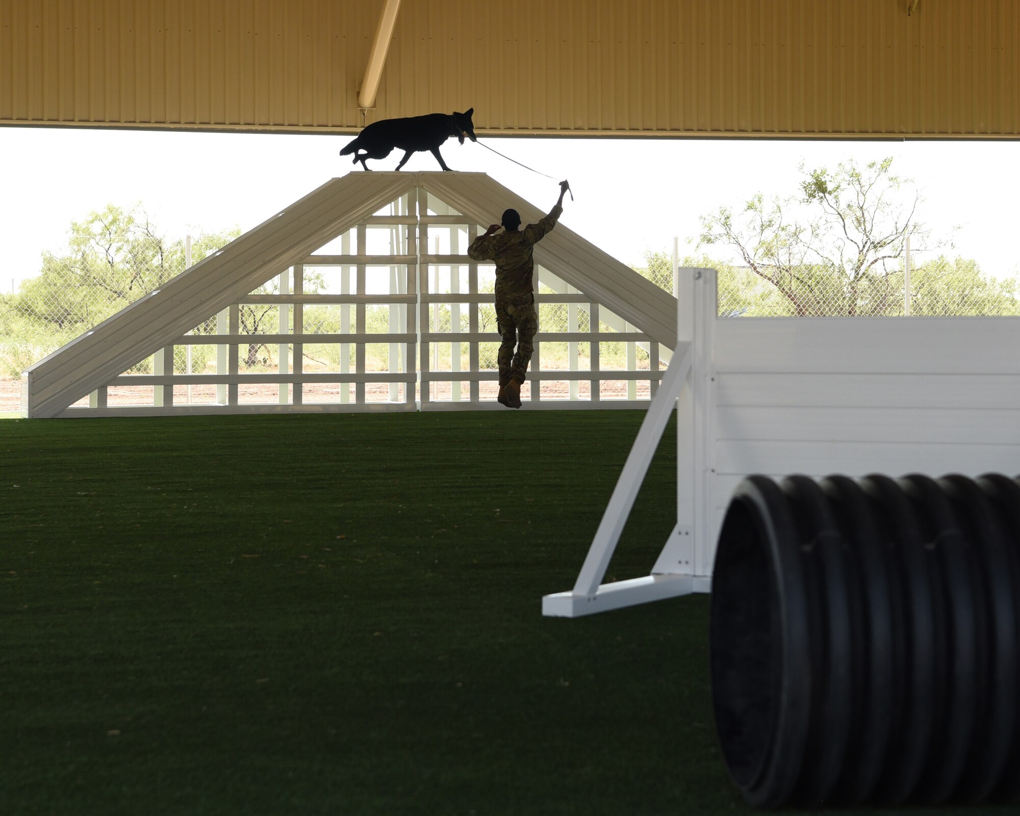 U.S. Air Force Staff Sgt. Damon Hunt, 17th Security Forces Squadron military working dog handler, guides MWD Aghi, through a training obstacle course at Goodfellow Air Force Base, Texas, Aug. 3, 2022. The covered outdoor military working dog structure was an infrastructure upgrade made possible by a $5.2 million Defense Economic Adjustment Assistance Grant. (U.S. Air Force photo by Senior Airman Abbey Rieves)