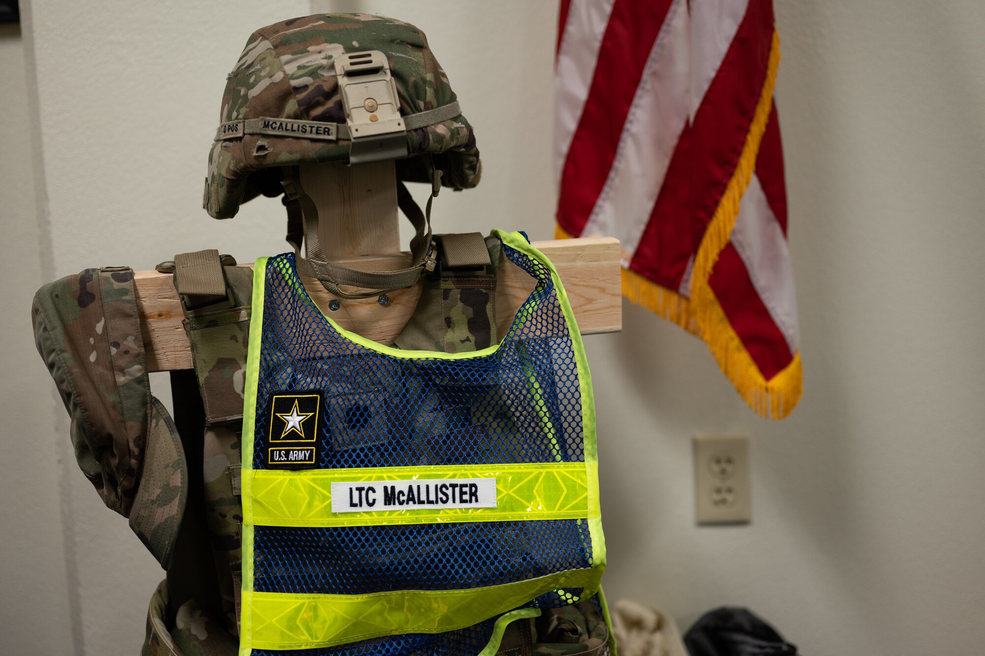 U.S. Army Lt. Col. John McAllister’s Kevlar body armor and physical training vest sits on display in his office at Goodfellow Air Force Base, Texas, August 2, 2022. McAllister wears these items when performing simulated exercises and leading physical training with the soldiers he commands. (U.S. Air Force photo by Senior Airman Michael Bowman)