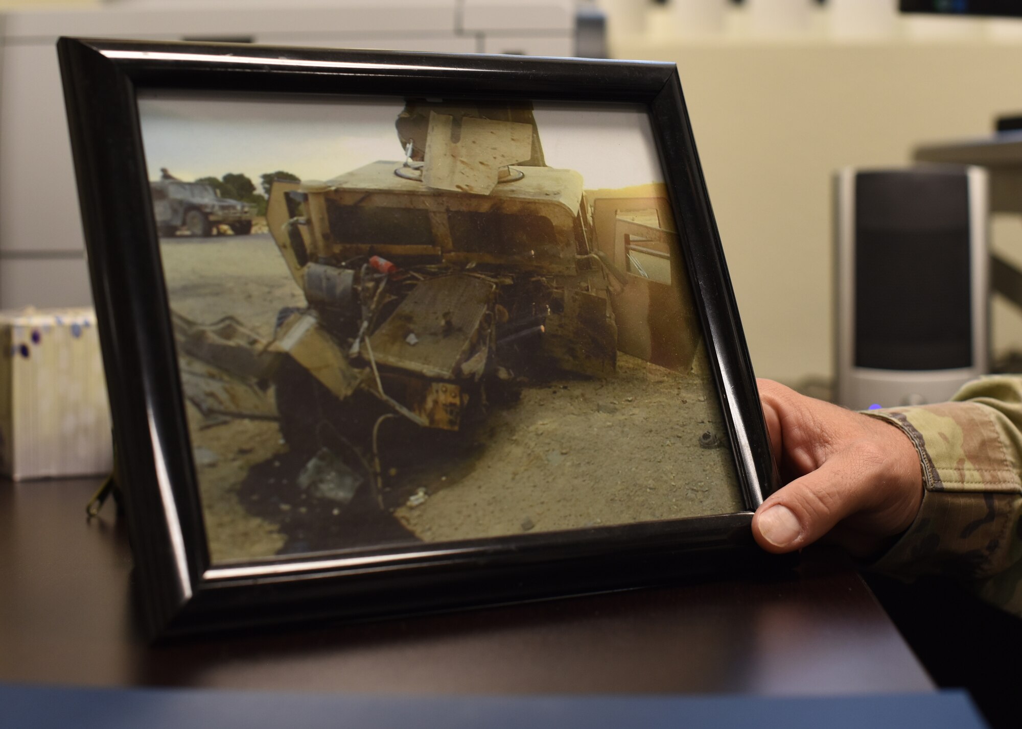 U.S. Army Lt. Col. John McAllister, 344th Military Intelligence Battalion commander, shares a story of his Humvee being hit by an improvised explosive device while deployed, Goodfellow Air Force Base, Texas, August 2, 2022. McAllister stressed the importance of signals intelligence as prevention from similar incidences from occurring. (U.S. Air Force photo by Airman 1st Class Zachary Heimbuch)