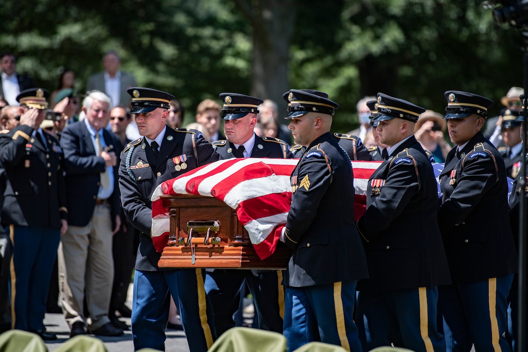 Soldiers from the 3d U.S. Infantry Regiment (The Old Guard), the 3d U.S. Infantry Regiment Caisson Platoon, and the U.S. Army Band, “Pershing’s Own” conduct military funeral honors with funeral escort for U.S. Army 1st Lt. Myles W. Esmay in Section 36 of Arlington National Cemetery, Arlington, Va., Aug. 1, 2022. Esmay was killed on June 7, 1944 during the siege of Myitkyina, Burma in World War II.

         In the spring and summer of 1944, Esmay, an infantry engineer, was a member of Company B, 236th Engineer Combat Battalion, reinforcing the 5307th Composite Unit (Provisional), also known as Merrill’s Marauders. Esmay’s battalion arrived at the recently captured airfield in Myitkyina, Burma, on May 28, where they were tasked with holding the airfield and taking part in the siege of Myitkyina. On June 4, the battalion attacked Japanese forces at Namkwi village northwest of the airfield. The fighting lasted until June 7. Esmay was reported to have been killed on the last day of fighting.