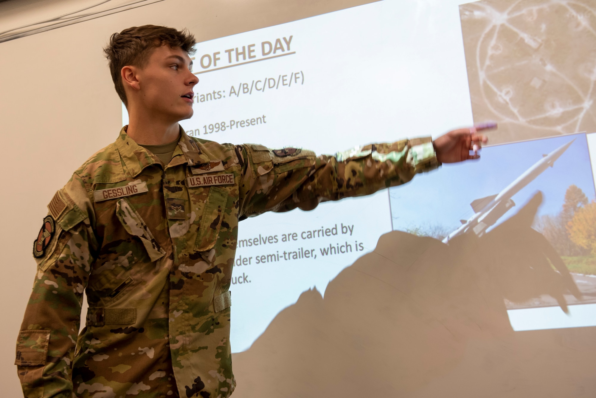 Airman Ethan Gessling, 16th Training Squadron sensor operator student, gives a mission brief, August 3, 2022, on Holloman Air Force Base, New Mexico.