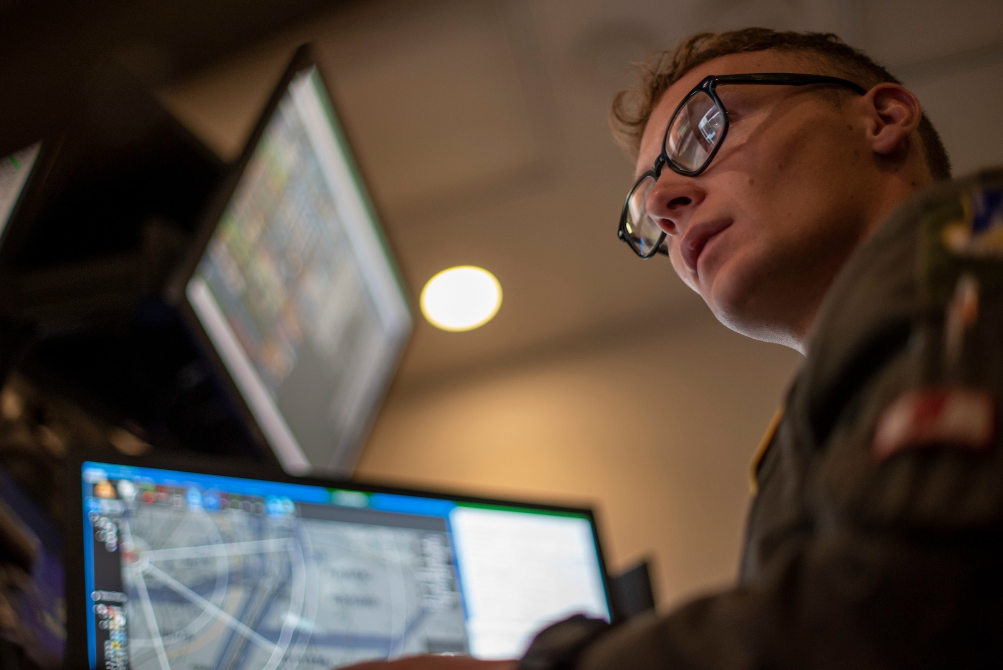 2nd Lieutenant Andrew Evenson, 16th Training Squadron remotely piloted aircraft student pilot, trains in a simulated ground control station, August 3, 2022, on Holloman Air Force Base, New Mexico.
