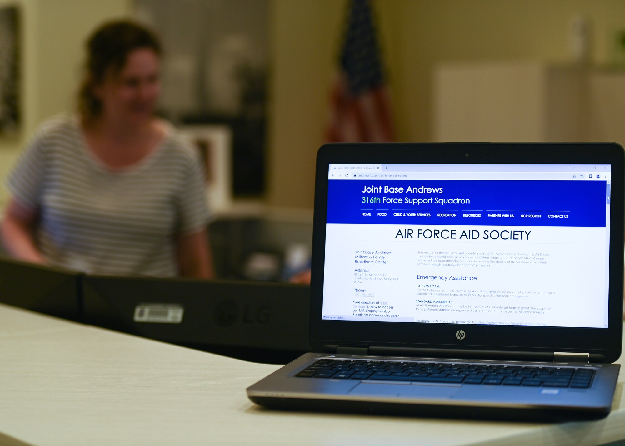 A laptop display that Air Force Aid Society link on the 316th Force Support Squadron's webpage sits on a desk at the Military and Family Readiness Center at Joint Base Andrews, Md., Aug. 4, 2022.