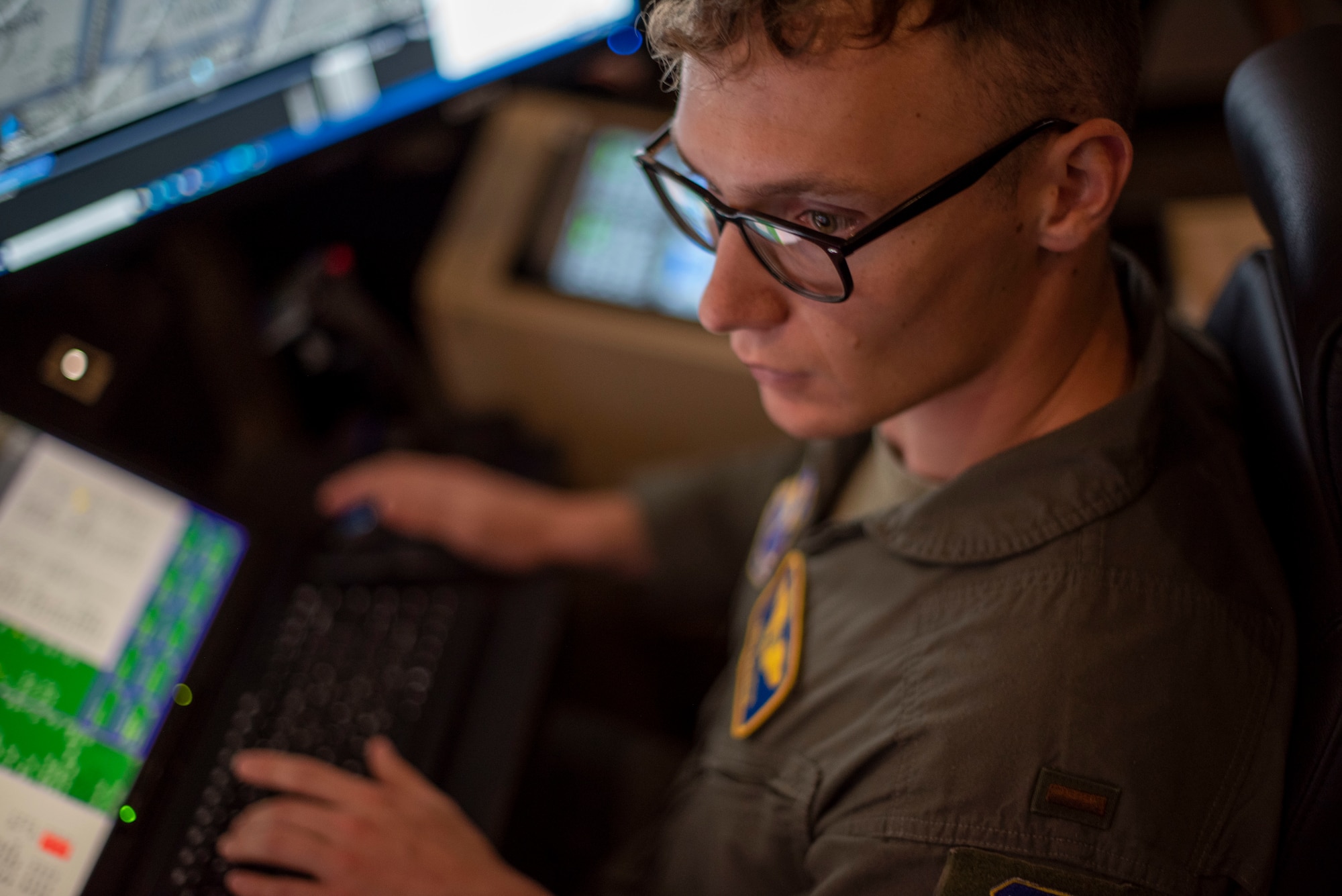 2nd Lieutenant Andrew Evenson, 16th Training Squadron remotely piloted aircraft student pilot, trains in a simulated ground control station, August 3, 2022, on Holloman Air Force Base, New Mexico.