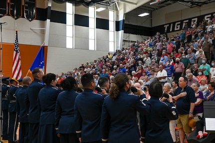 The Singing Sergeants, the official chorus of The United States Air Force Band, sing the national anthem during a tour at Paris, Ind., July 3, 2022. Featuring 24 active-duty musicians, the Singing Sergeants support military and civilian ceremonial and diplomatic functions, education outreach events, and concerts throughout metropolitan Washington, D.C., and the United States. (U.S. Air Force photo by Airman Bill Guilliam)