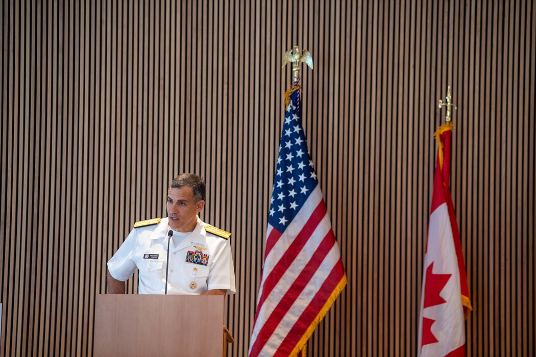 Rear Adm. Carlos Sardiello, commander, Carrier Strike Group 1, gives a speech at the Seattle Navy League Sea Services Awards Luncheon at Fleet Week, Aug. 4, 2022. Fleet Week Seattle is a time-honored celebration of the sea services and provides an opportunity for the citizens of Washington to meet Sailors, Marines and Coast Guardsmen, as well as witness firsthand the latest capabilities of today's maritime services. (U.S. Navy photo by Mass Communication Specialist 2nd Class Victoria Galbraith)