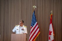 Rear Adm. Carlos Sardiello, commander, Carrier Strike Group 1, gives a speech at the Seattle Navy League Sea Services Awards Luncheon at Fleet Week, Aug. 4, 2022. Fleet Week Seattle is a time-honored celebration of the sea services and provides an opportunity for the citizens of Washington to meet Sailors, Marines and Coast Guardsmen, as well as witness firsthand the latest capabilities of today's maritime services. (U.S. Navy photo by Mass Communication Specialist 2nd Class Victoria Galbraith)