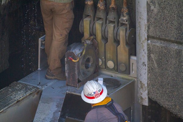 A replacement bearing ready to be installed on the John Day Lock and Dam’s upstream navigation lock gate. U.S. Army Corps technicians work on repairs while keeping the lock operational, August 3, 2022.