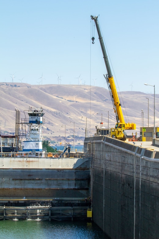 A replacement bearing ready to be installed on the John Day Lock and Dam’s upstream navigation lock gate. U.S. Army Corps technicians work on repairs while keeping the lock operational, August 3, 2022.