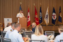 Rear Adm. Carlos Sardiello, commander, Carrier Strike Group 1, gives a speech during the Seattle Navy League Sea Services Awards Luncheon at Fleet Week, Aug. 4, 2022.