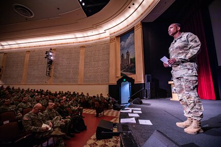 U.S. Army South Commanding General and Multinational Forces South Commander of PANAMAX 2022, Maj. Gen. William Thigpen, speaks to participants of PANAMAX 2022 at the Joint Base San Antonio-Fort Sam Houston Theatre, on August 1, 2022. PANAMAX 2022, a U.S. Southern Command-sponsored multinational command post exercise aimed at reinforcing and enhancing the long-term security of the Panama Canal and the Western Hemisphere, took place August 1-12, at bases in Texas, Florida, Virginia and Arizona. (U.S. Army photo by Spc. Joshua Taeckens)