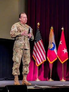 Chilean Army Logistics Division Commander and Deputy Commanding General of Multinational Forces for PANAMAX 2022, Maj. Gen. Ricardo Stangher, spoke to PANAMAX 2022 participants at the Joint Base San Antonio-Fort Sam Houston Theatre, August 1, 2022. PANAMAX 2022, a U.S. Southern Command-sponsored multinational command post exercise aimed at reinforcing and enhancing the long-term security of the Panama Canal and the Western Hemisphere, took place August 1-12, at bases in Texas, Florida, Virginia and Arizona. (Courtesy photo)