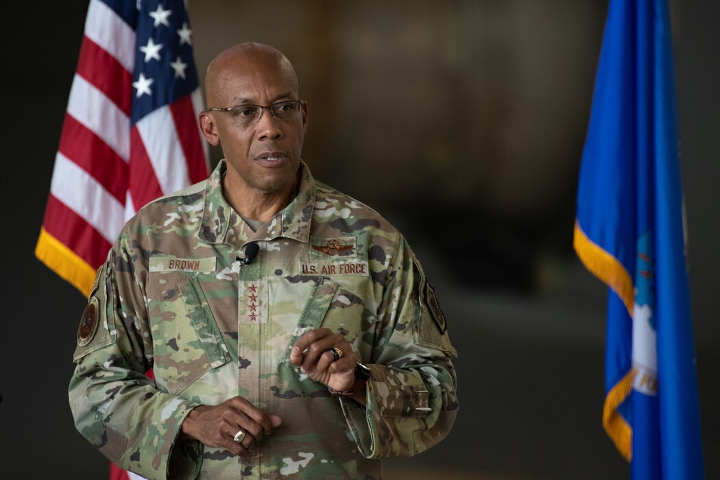 U.S. Air Force Chief of Staff Gen. CQ Brown, Jr., speaks with Airmen