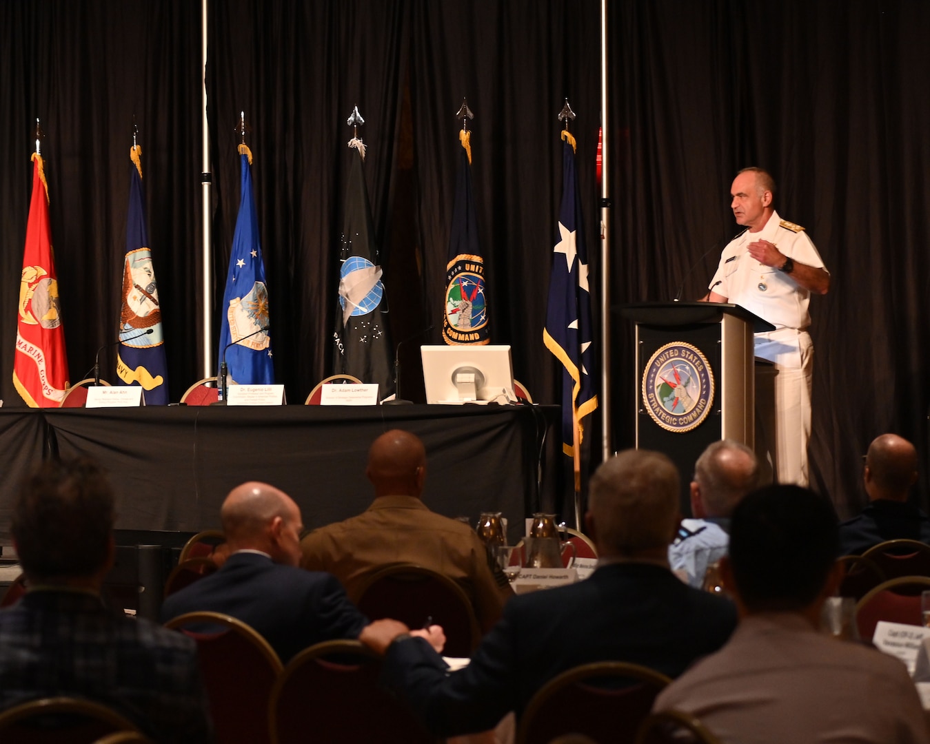 Adm. Charles Richard, United States Strategic Command commander, delivers closing remarks at USSTRATCOM's 13th annual Deterrence Symposium in La Vista, Nebraska, 28 July 2022.