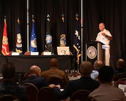 Adm. Charles Richard, United States Strategic Command commander, delivers closing remarks at USSTRATCOM's 13th annual Deterrence Symposium in La Vista, Nebraska, 28 July 2022.