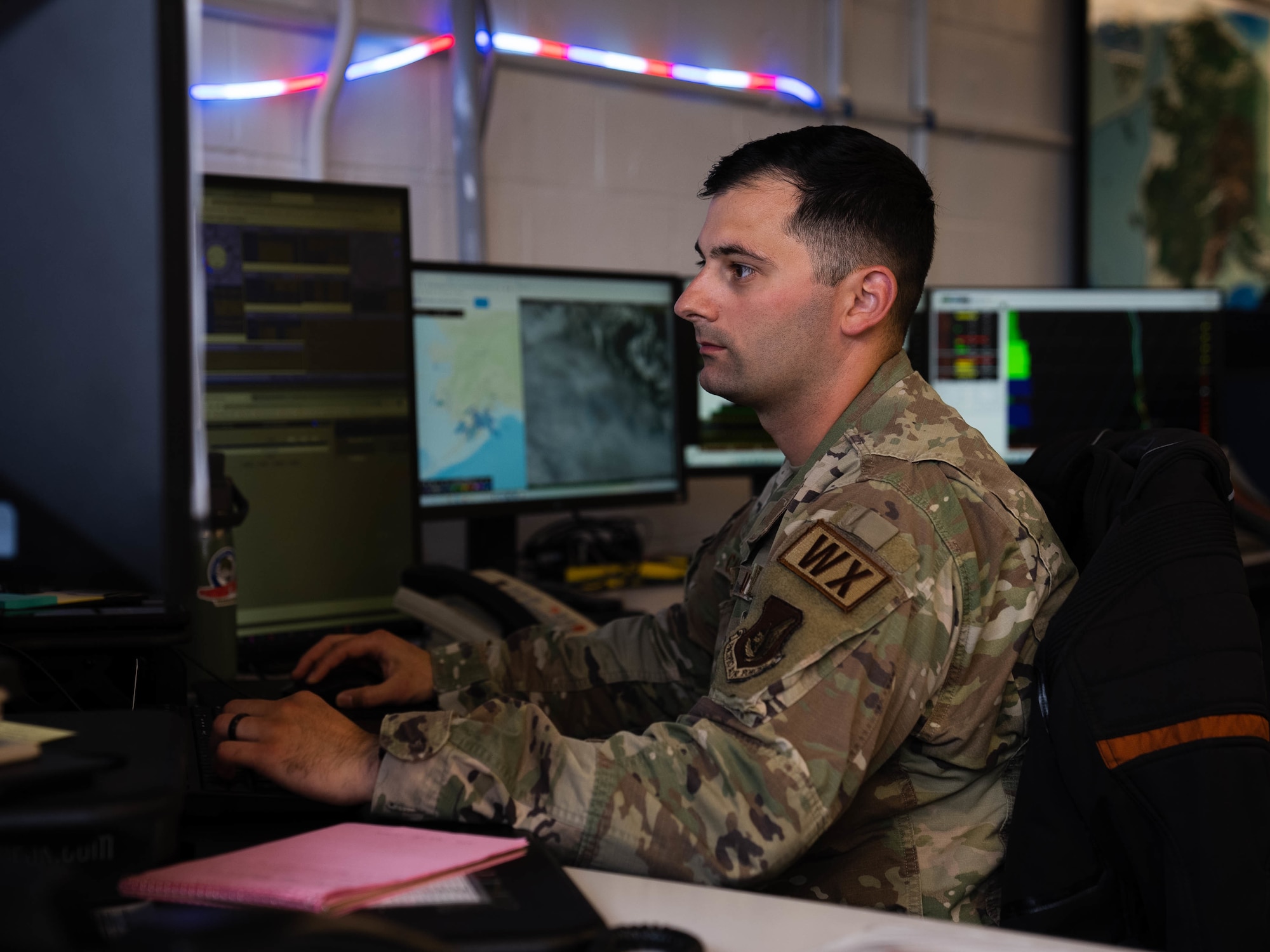 U.S. Air Force Staff Sgt. Joshua Caldwell, 3rd Operations Support Squadron weather forecaster, monitors military operating area airspace at Joint Base Elmendorf-Richardson, Alaska, August 4, 2022 during RED FLAG-Alaska 22-3. This exercise provides unique opportunities to integrate various forces into joint, coalition and multilateral training from simulated forward operating bases. (U.S. Air Force Photo by Senior Airman Jack Layman)