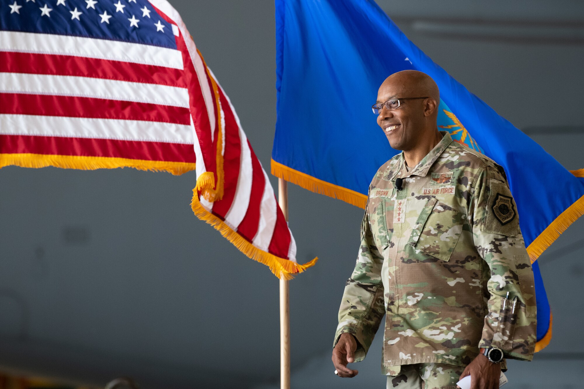 CSAF Gen. CQ Brown, Jr., walks onto a stage
