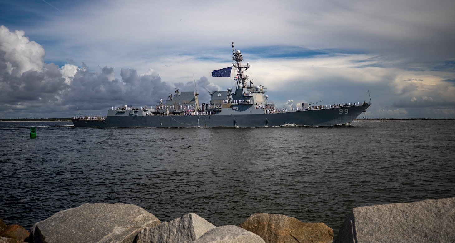 The Arleigh Burke-class guided missile destroyer USS Farragut, assigned to the George H.W. Bush Carrier Strike Group, departed Naval Sta.tion Mayport on a scheduled deployment, Aug 6, 2022