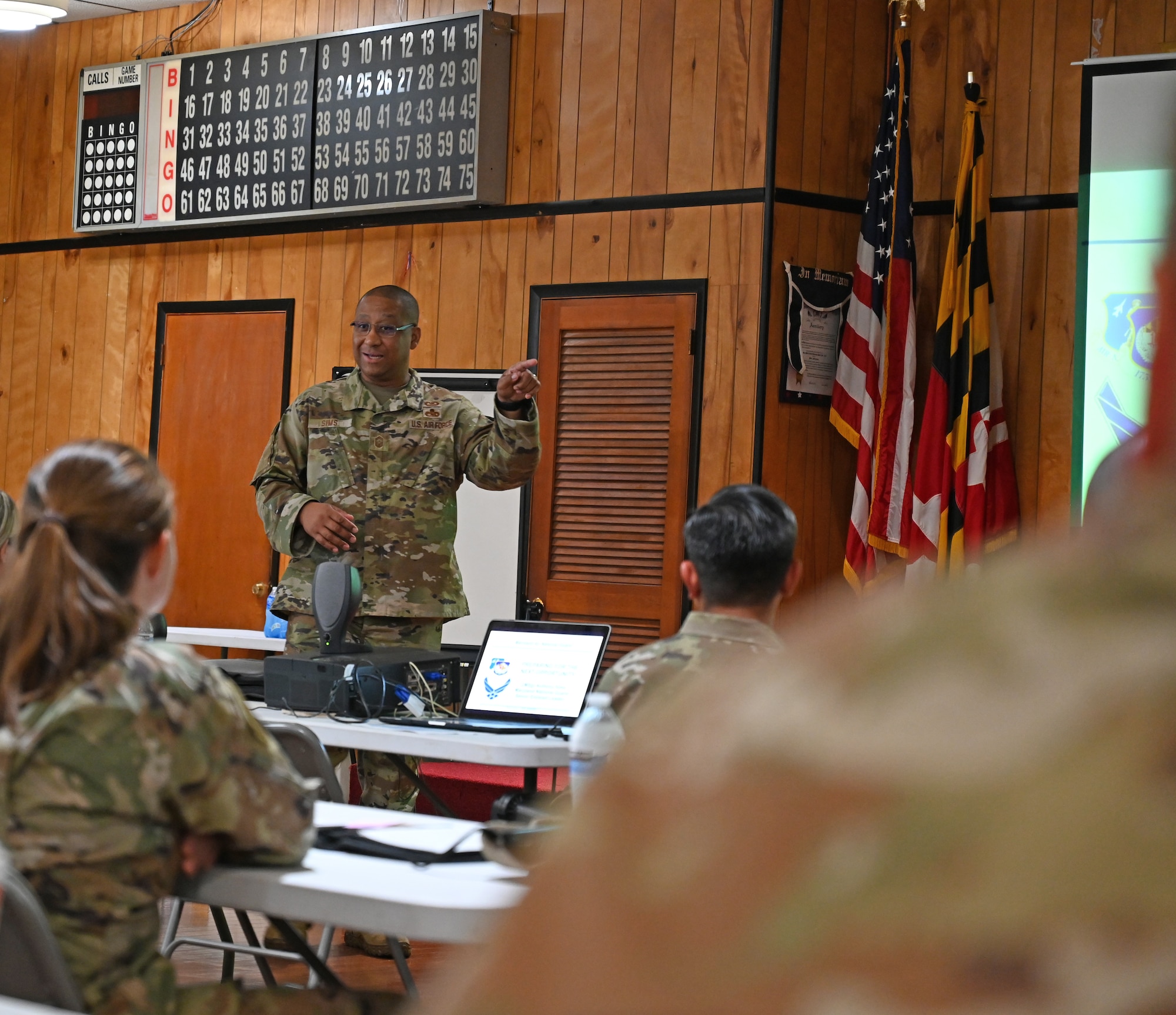 U.S. Air Force Chief Master Sgt. Anthony Sims, Maryland Air National Guard state command chief, speaks to Maryland Air National Guard Airmen at the Chief Master Sergeant's Professional Development Course at the Veterans of Foreign Wars Post 2621 in Essex, Maryland, August 4, 2022. Chief Sims currently serves as the 12th Maryland Air National Guard state command chief and will assume the role of Maryland National Guard senior enlisted leader on August 15. (U.S. Air National Guard photo by Master Sgt. Chris Schepers)