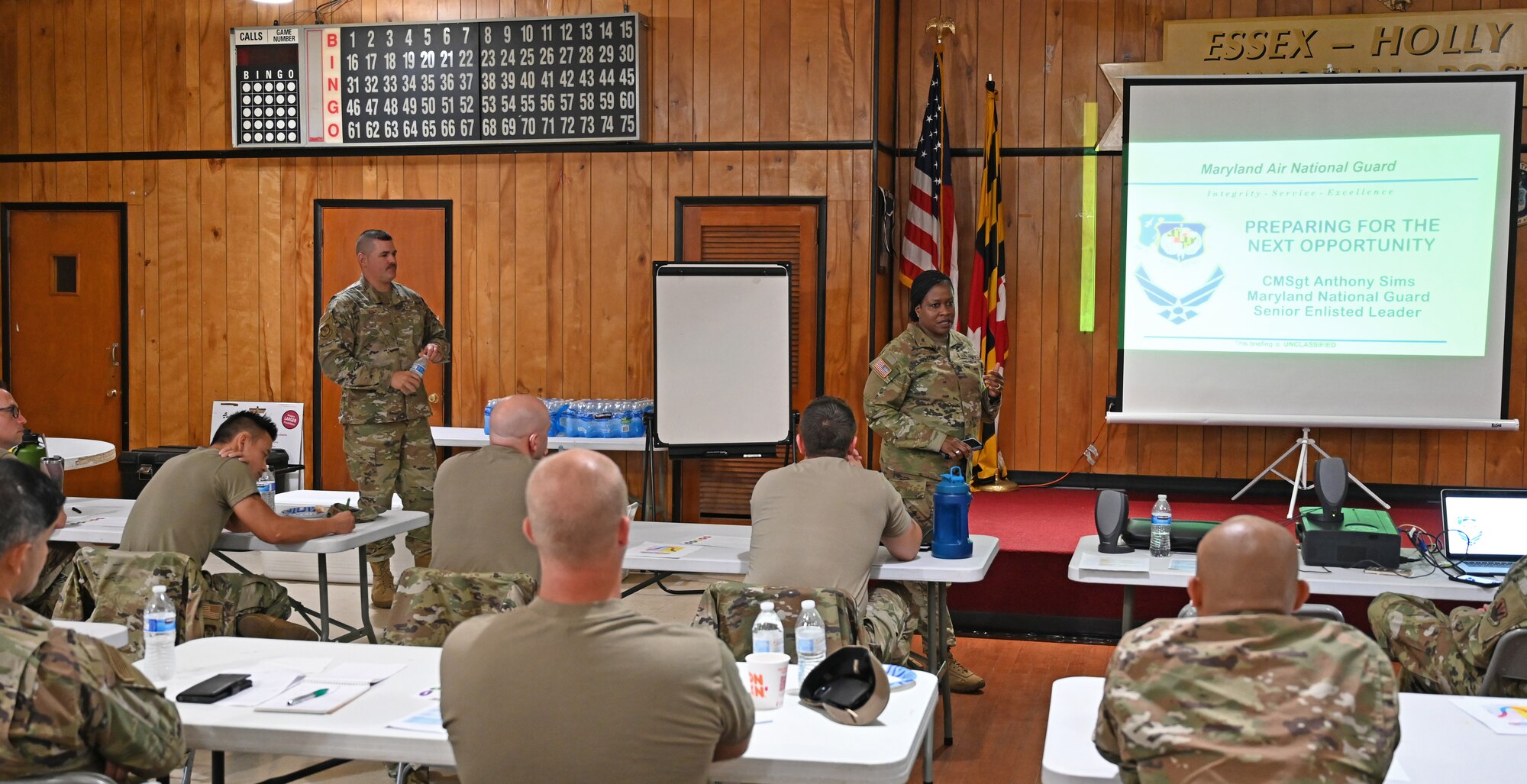 U.S. Army Command Sgt. Maj. Perlisa Wilson, Maryland National Guard senior enlisted leader, speaks with Maryland Air National Guard Airmen at the Chief Master Sergeant's Professional Development Course at the Veterans of Foreign Wars Post 2621 in Essex, Maryland, August 4, 2022. Wilson currently serves as the Maryland National Guard senior enlisted leader and will relinquish her role on August 15, 2022. (U.S. Air National Guard photo by Master Sgt. Chris Schepers)
