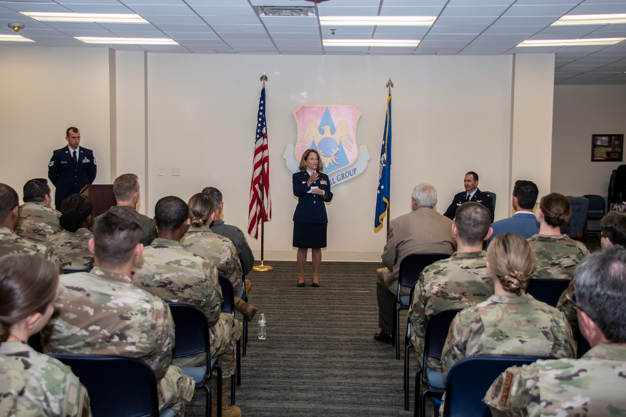 Col. Jennifer Brothers, incoming 932nd Aeromedical Staging Squadron, speaks during the ASTS assumption of command, Aug 7, 2022, Scott Air Force Base, Ill. (U.S. Air Force photo by SSgt Brooke Spenner)