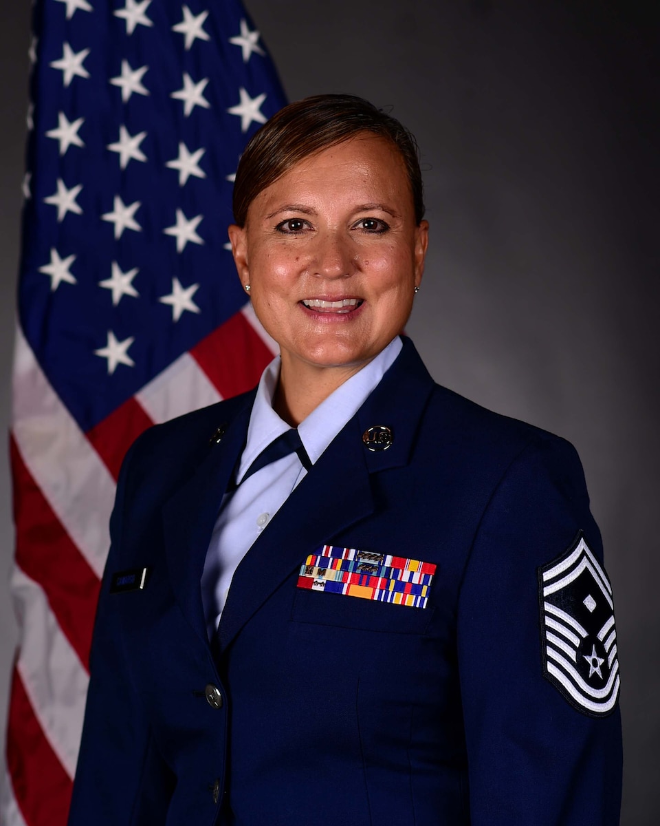 Senior Master Sgt. Christy Camargo poses for an official photo as the 162nd Wing's full-time first sergeant. Camargo has been a member of the wing since 2001. (U.S. Air National Guard Photo by Maj. Angela Walz)