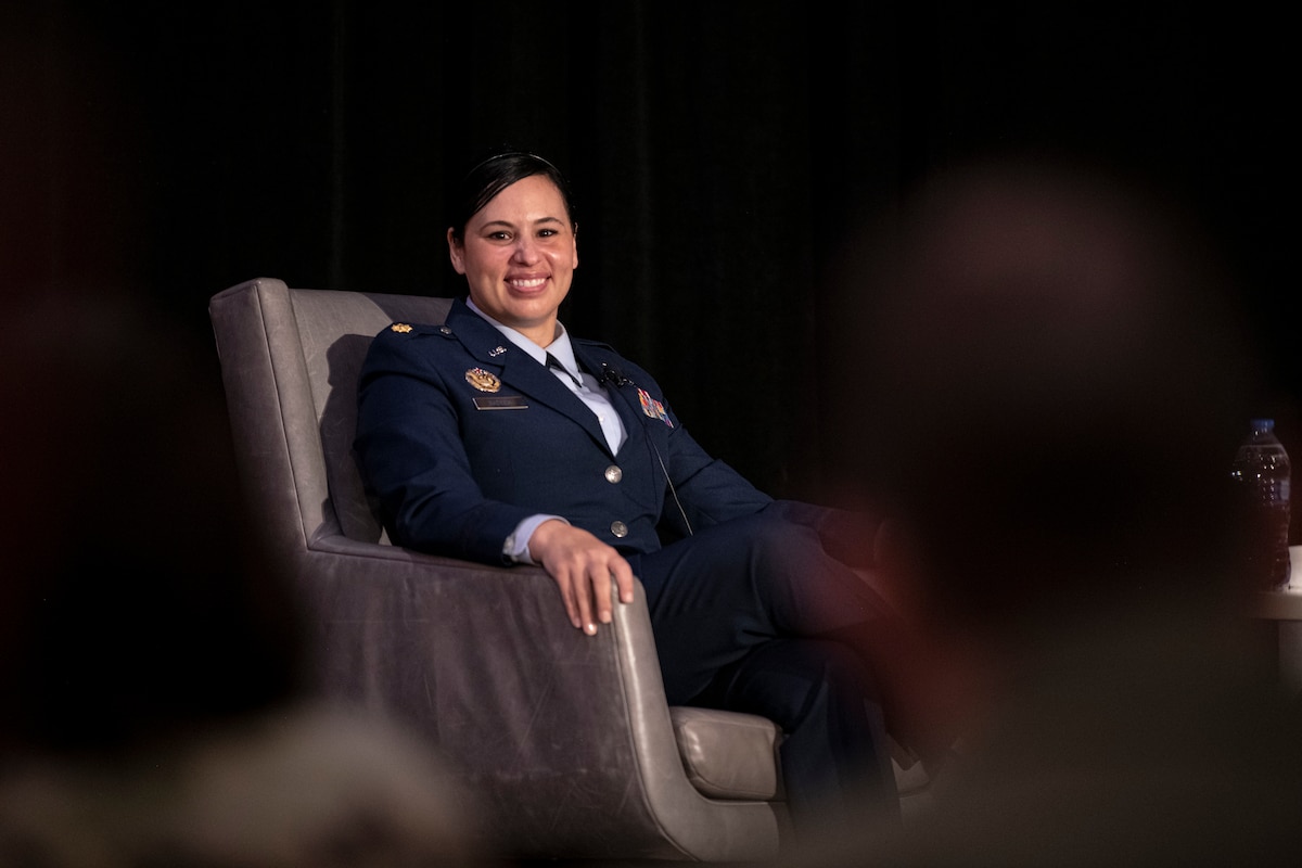 Maj. Alea Nadeem, policy advisor on the National Security Council at the White House, speaks to Reserve Citizen Airmen on resiliency and service during the Air Force Reserve Command Enlisted Symposium, July 12, 2022, in Washington D.C. The symposium was created to provide Reserve Citizen Airmen with information from guest speakers and command leadership with the theme, "Building Tomorrow's Leaders Today: Compete, Deter, Win!"