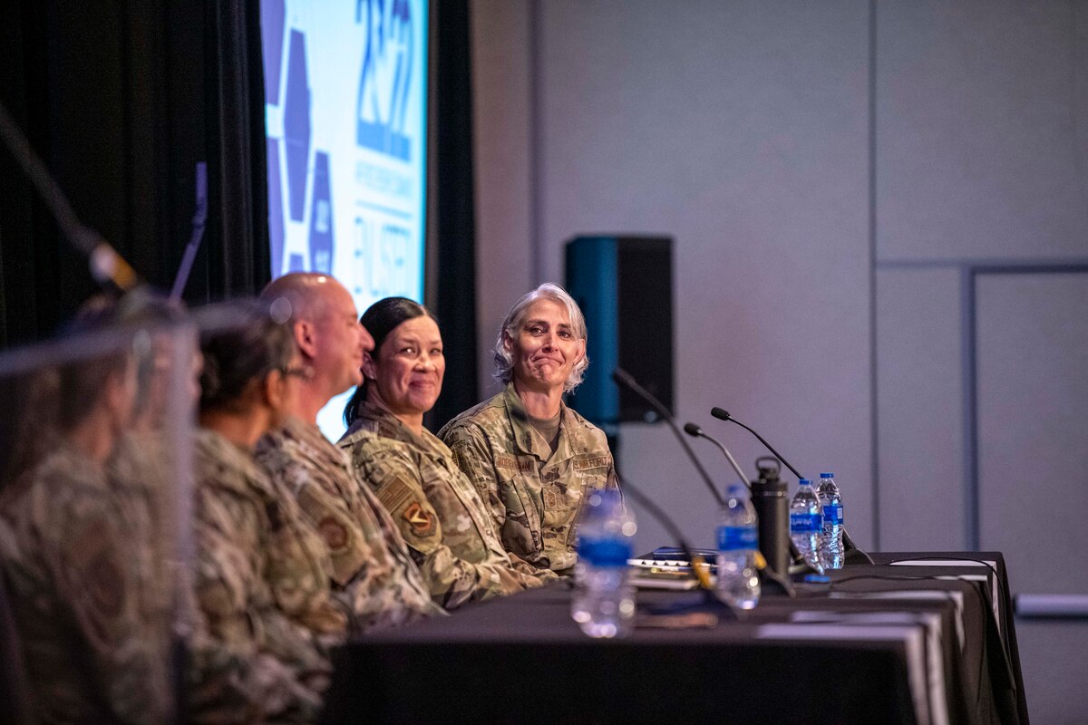 The Air Force Command’s Numbered Air Force Senior Enlisted Advisors sit at a panel during  the AFRC Enlisted Symposium, July 12, 2022, in Washington, D.C. The symposium was created to provide Reserve Citizen Airmen with information from guest speakers and command leadership with the theme, "Building Tomorrow's Leaders Today: Compete, Deter, Win!"