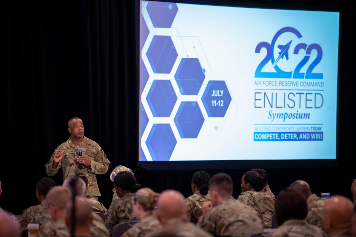 Chief Master Sgt. of the Air Force Reserve Timothy A. White, speaks to Reserve Citizen Airmen closing the Enlisted Symposium, July 12, 2022, in Washington, D.C. The symposium was created to provide Reserve Citizen Airmen with information from guest speakers and command leadership with the theme, "Building Tomorrow's Leaders Today: Compete, Deter, Win!"