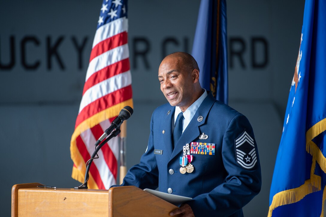 Chief Master Sgt. Gary L. Spaulding, military personnel management officer for the Kentucky Air National Guard, speaks to the audience during his retirement ceremony at the Kentucky Air National Guard Base in Louisville, Ky., June 12, 2022. Spaulding served 35 in the Kentucky Air Guard. (U.S. Air National Guard photo by Phil Speck)
