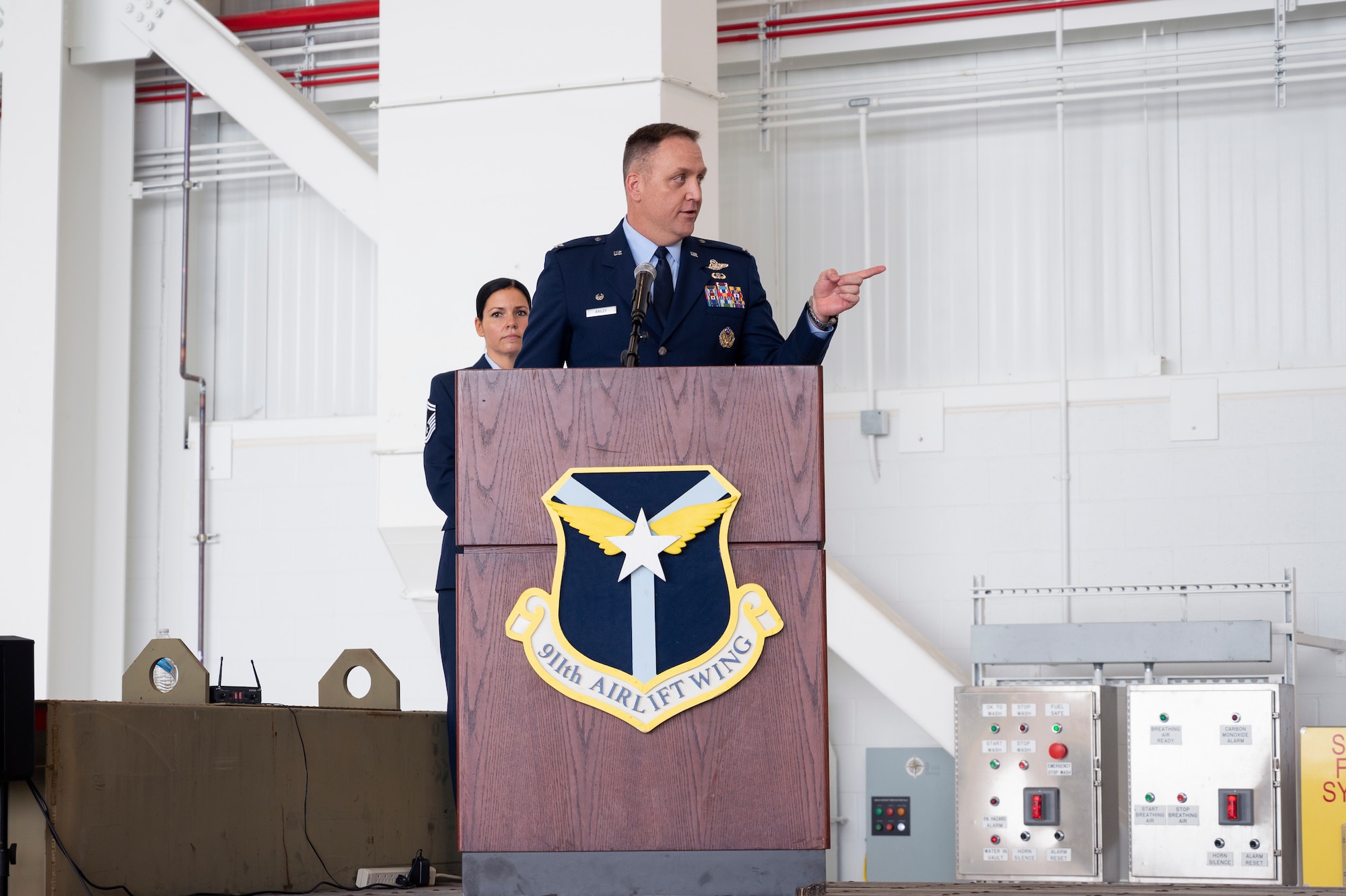 Col. Bryan M. Bailey, 911th Airlift Wing commander, addresses Airmen and guests during his assumption of command ceremony at the Pittsburgh International Airport Air Reserve Station, Pennsylvania, Aug. 7, 2022.