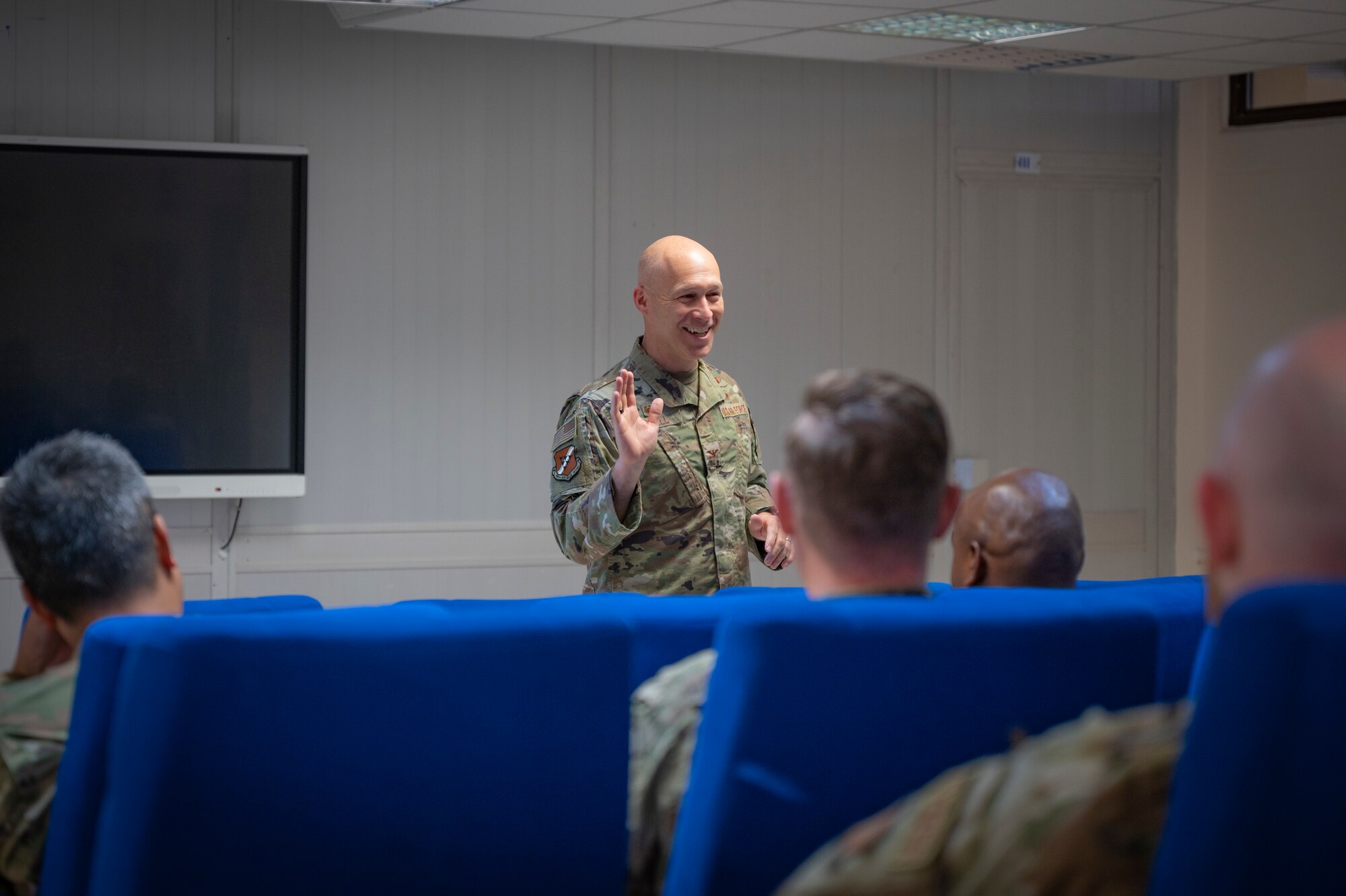 Col. Calvin Powell, 39th Air Base Wing commander, gives his opening remarks during the First Sergeant Symposium at Incirlik Air Base, Turkey, August 1, 2022. The symposium is held twice a year focusing on preparing technical sergeants and master sergeants with the skills needed to serve as interim first sergeants. The purpose of this event is teach additional duty first sergeants what it means to fill the role and share knowledge with those who might be interested in wearing a diamond of their own one day. (U.S. Air Force photo by Staff Sgt. Gabrielle Winn)