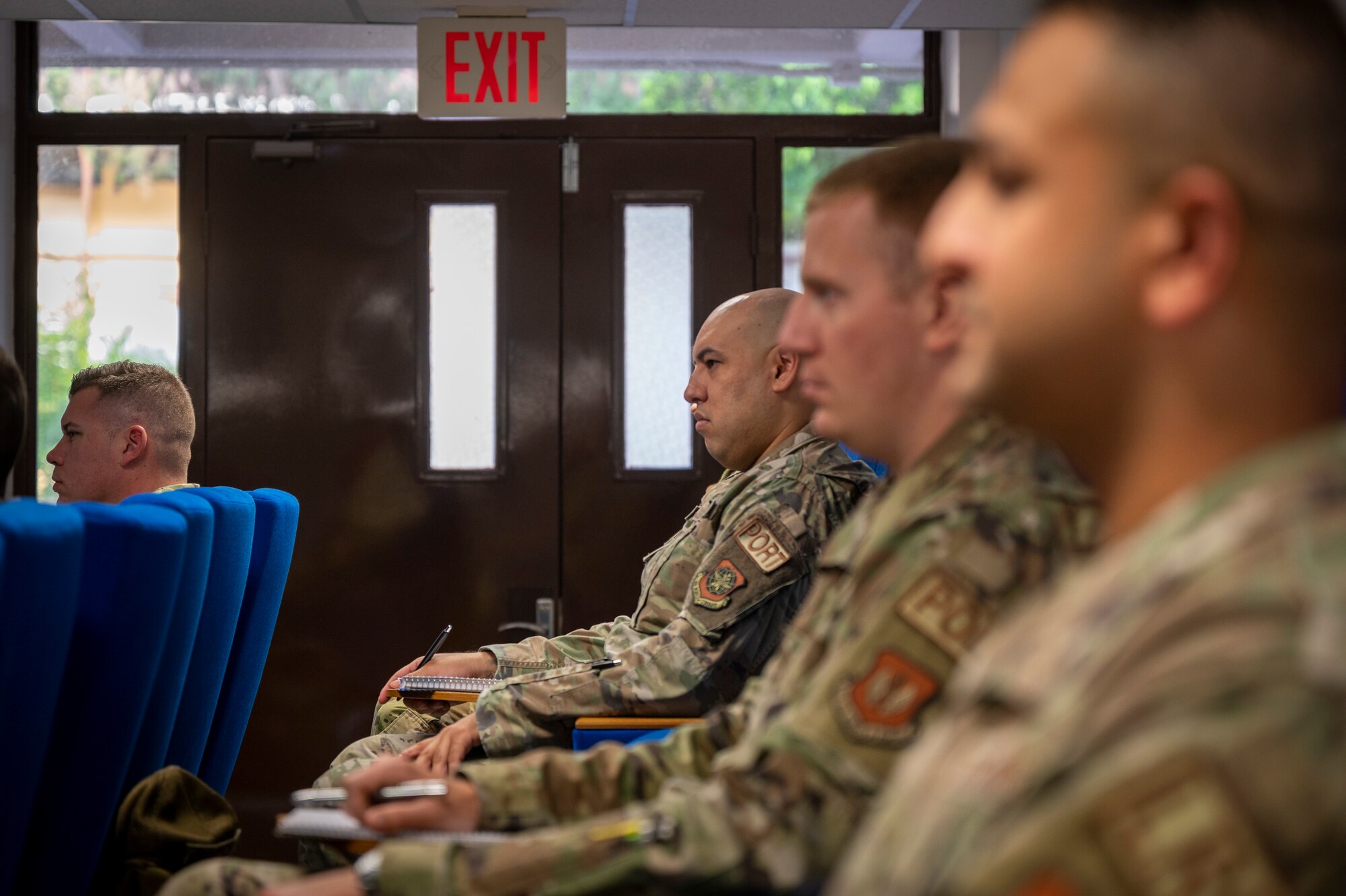 First Sergeant Symposium attendees from various units across the 39th Air Base Wing listen as speakers give their opening remarks at Incirlik Air Base, Turkey, August 1, 2022. The symposium is held twice a year focusing on preparing technical sergeants and master sergeants with the skills needed to serve as interim first sergeants. The purpose of this event is teach additional duty first sergeants what it means to fill the role and share knowledge with those who might be interested in wearing a diamond of their own one day. (U.S. Air Force photo by Staff Sgt. Gabrielle Winn)