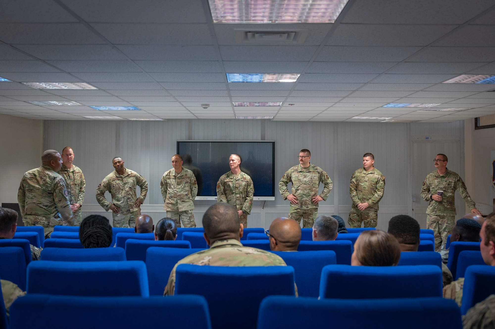 First Sergeants from various units across the 39th Air Base Wing give their introductions during the First Sergeant Symposium at Incirlik Air Base, Turkey, August 1, 2022. The symposium is held twice a year focusing on preparing technical sergeants and master sergeants with the skills needed to serve as interim first sergeants. The purpose of this event is teach additional duty first sergeants what it means to fill the role and share knowledge with those who might be interested in wearing a diamond of their own one day. (U.S. Air Force photo by Staff Sgt. Gabrielle Winn)