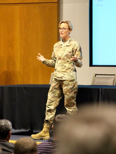 Air Force Research Laboratory Commander Maj. Gen. Heather Pringle delivers the keynote address for the Dayton Digital Transformation Summit at Sinclair Community College in Dayton, Ohio, Aug. 2, 2022. The three-day event, held Aug. 2-4, educated the Dayton region and encouraged local and national parties to support Department of the Air Force digital transformation efforts. (U.S. Air Force photo / Kati Cospy)