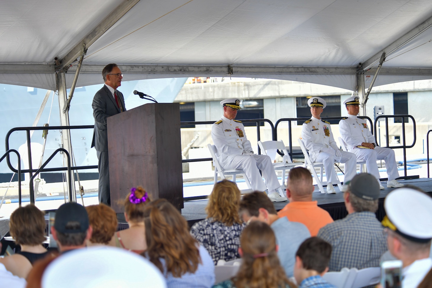 NAVAL STATION NORFOLK (Aug. 4, 2022) Capt. (ret.) Constantine L. Xefteris, the first commanding officer of the guided-missile cruiser USS Vella Gulf (CG 72), speaks during the ship’s decommissioning ceremony, Aug. 4, 2022. Vella Gulf was commissioned on Sept. 18, 1993 at Naval Station Norfolk. Vella Gulf is the first of five cruisers set to be decommissioned this year. (U.S. Navy photo by Mass Communication Specialist 1st Class Jacob Milham)