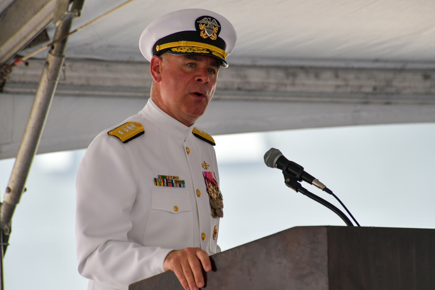NAVAL STATION NORFOLK (Aug. 4, 2022) Rear Adm. Brendan McLane, commander, Naval Surface Force Atlantic, speaks during the guided-missile cruiser USS Vella Gulf (CG 72) decommissioning ceremony, Aug. 4, 2022. Vella Gulf was commissioned on Sept. 18, 1993 at Naval Station Norfolk. Vella Gulf is the first of five cruisers set to be decommissioned this year. (U.S. Navy photo by Mass Communication Specialist 1st Class Jacob Milham)