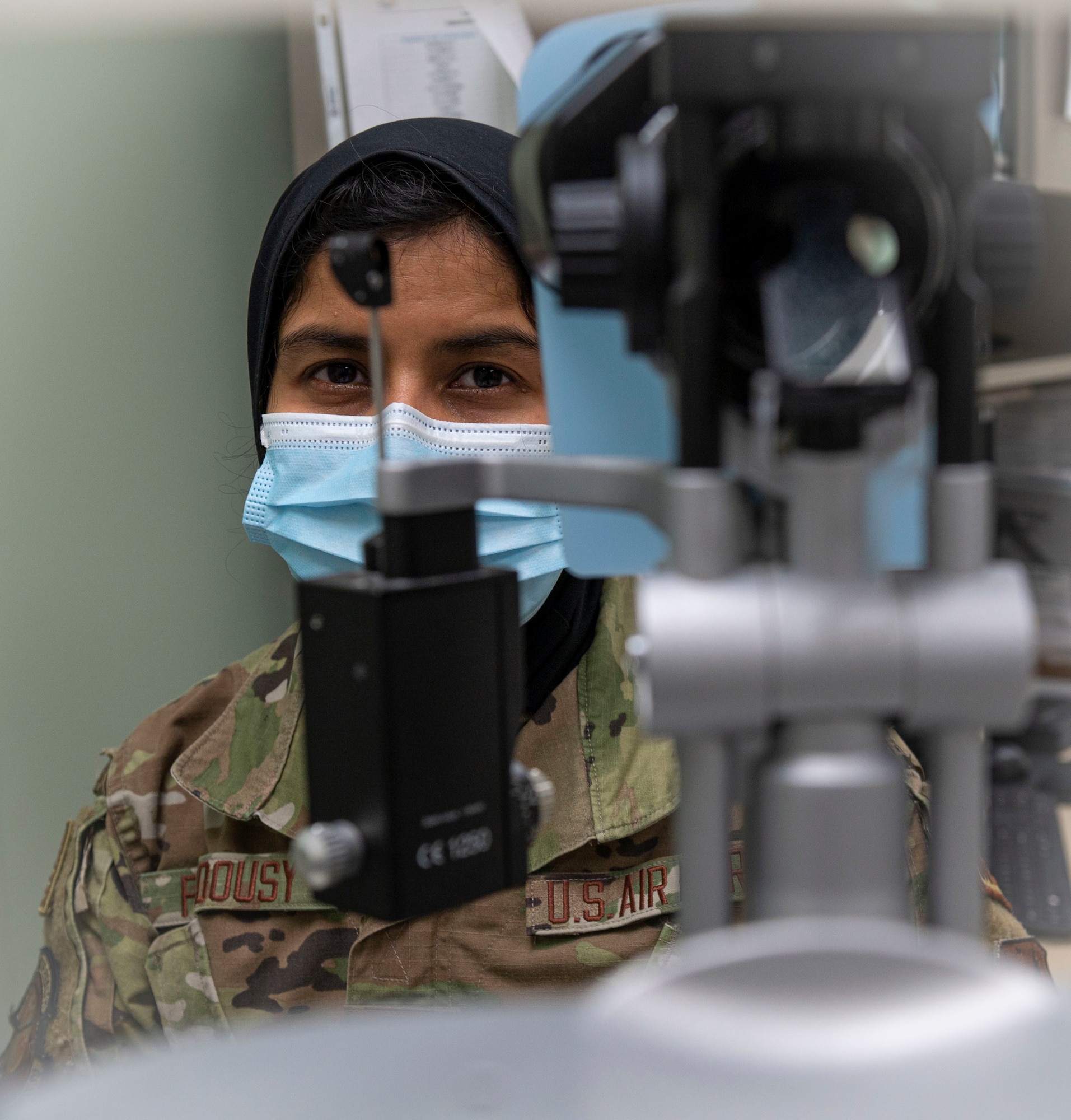 Airman 1st Class Noor Nargis-Ferdousy, 4th Operational Medical Readiness Squadron ophthalmic technician, performs eye-related tasks at Seymour Johnson Air Force Base, North Carolina, August 4, 2022. The 4th OMRS technicians examine patients and perform eye-related tasks to help treat or diagnose base personnel. (U.S. Air Force photo by Airman 1st Class Sabrina Fuller)
