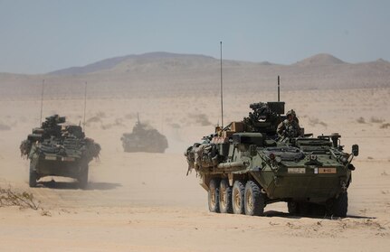 Soldiers from the Independence Brigade maneuver Strykers through the Mojave Desert during National Training Center rotation 22-08 at Ft. Irwin Calif.