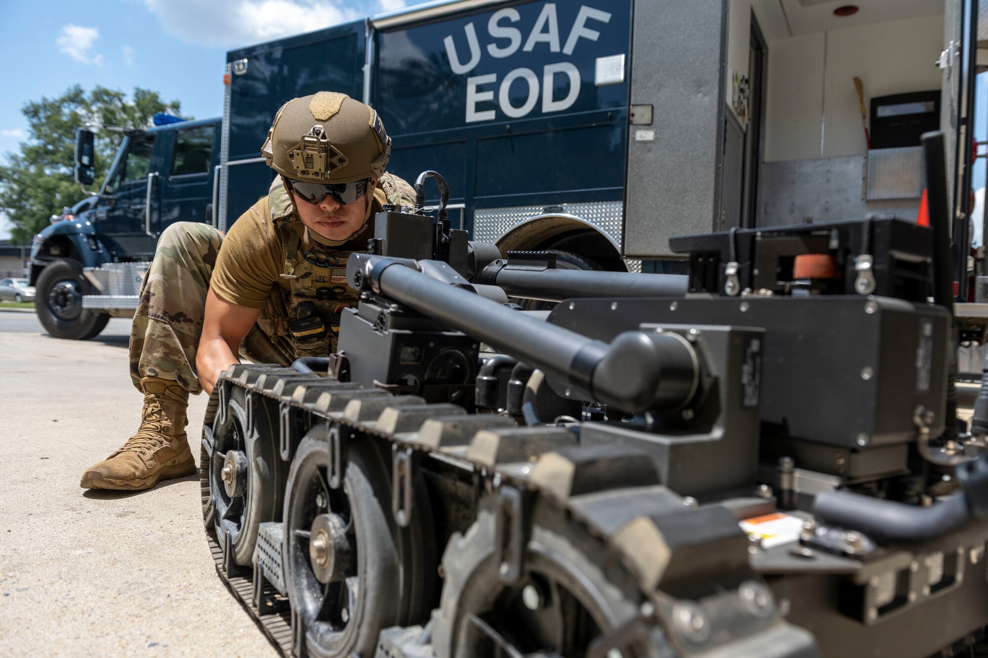 Staff Sgt. Daniel Giansanti, 4th Civil Engineer Squadron’s Explosive Ordnance Disposal flight team lead, prepares an EOD robot for a training exercise at Seymour Johnson Air Force Base, North Carolina, Aug. 4, 2022. The EOD robot enables EOD Airmen to detect, identify and dispose of unexploded explosive ordnance and other hazards from a safe distance. (U.S. Air Force photo by Senior Airman Kevin Holloway)
